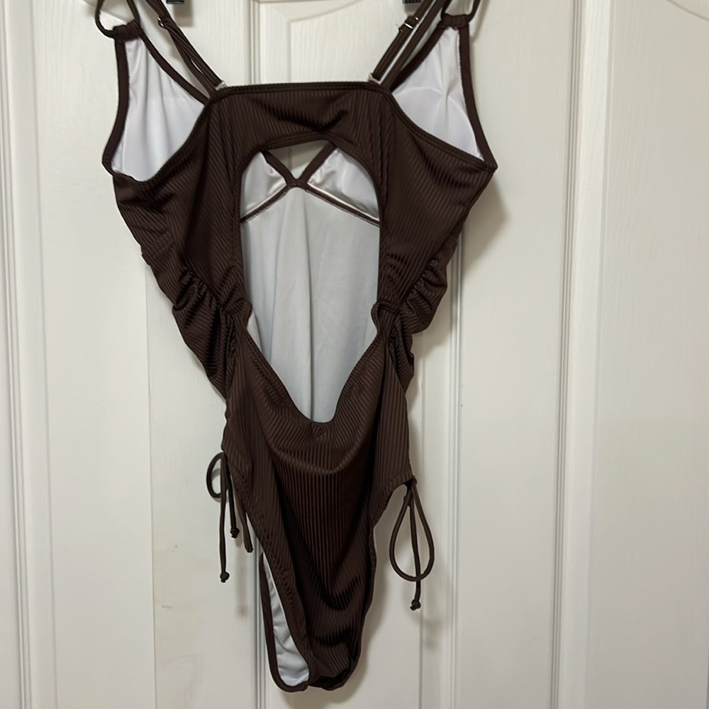 NWOT - Brown Strappy One-Piece Slim Drawstring One-Piece Swimsuit - XL - Picture 5 of 7